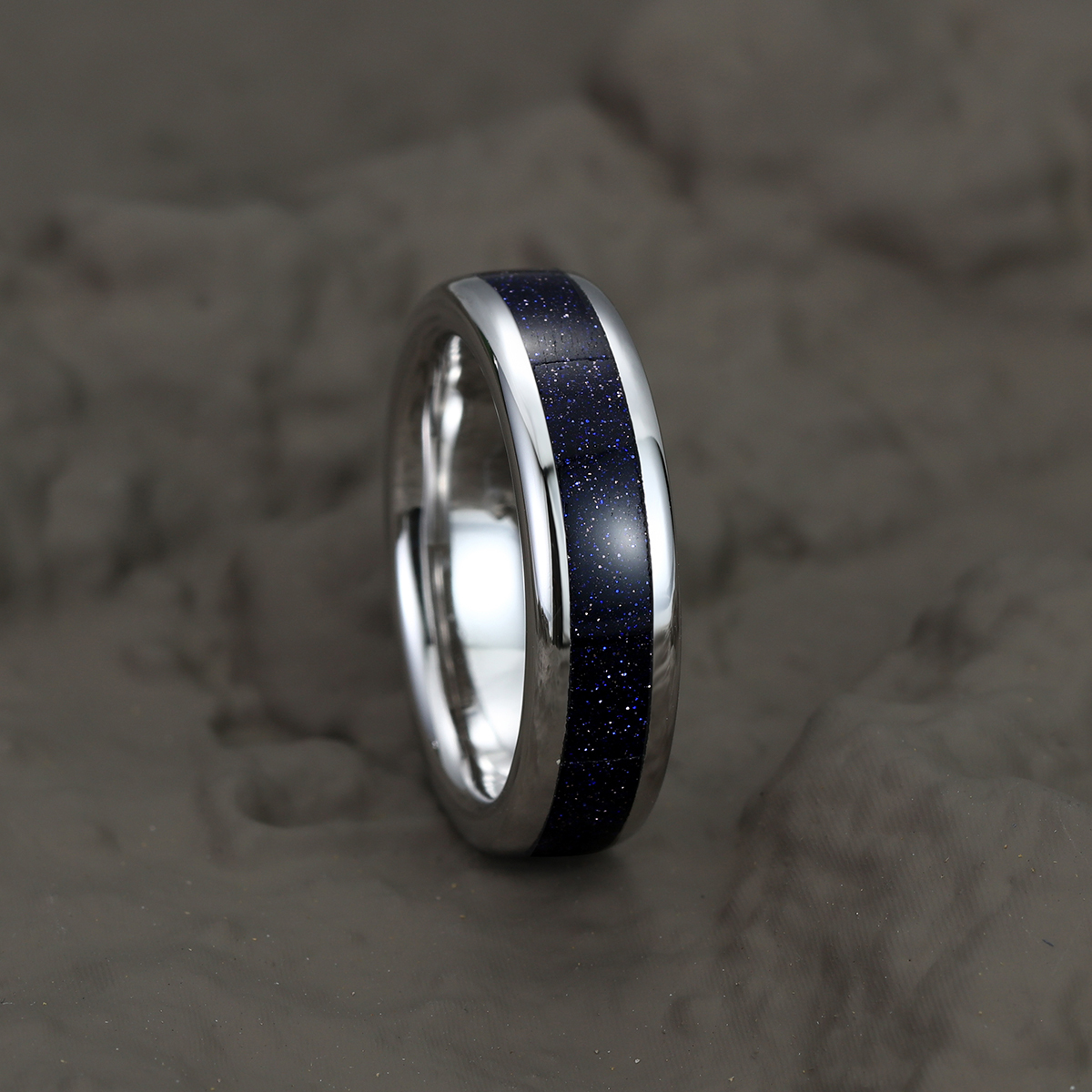 Unique Blue Sandstone Wedding Band Solid Gold Stacking Matching Rings Men Ring Gift For Him Comfort Fit 8mm & 6mm & 4mm