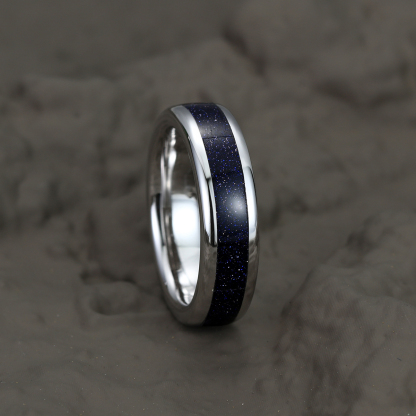 Unique Blue Sandstone Wedding Band Solid Gold Stacking Matching Rings Men Ring Gift For Him Comfort Fit 8mm & 6mm & 4mm