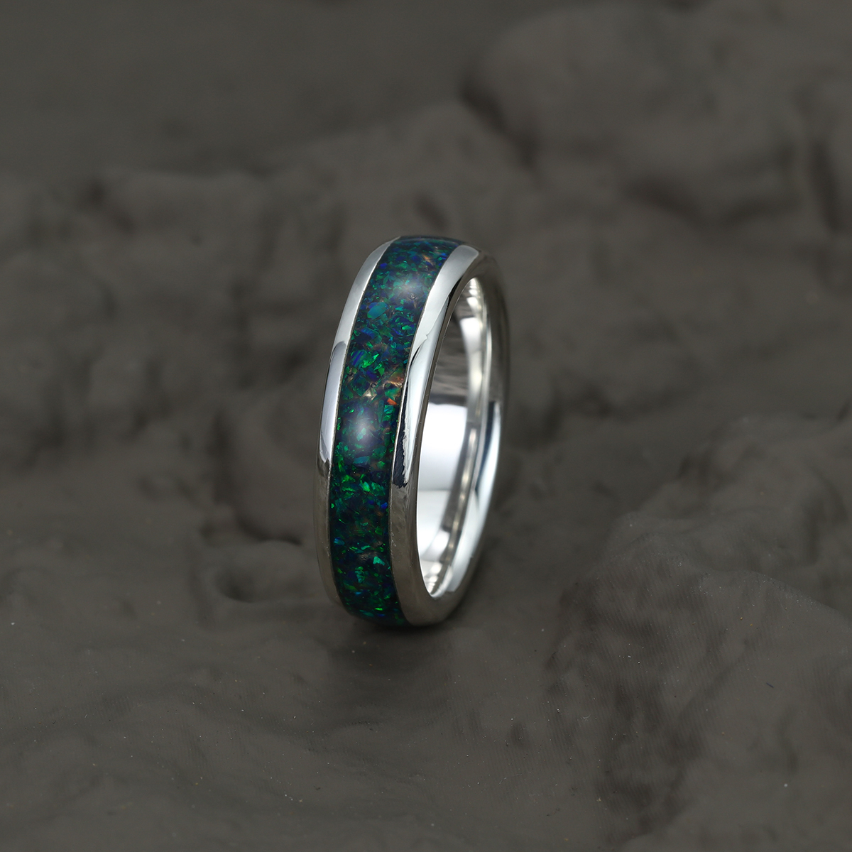 Black Gold Wedding Ring Green Opal Ring Unique Anniversary Ring Sterling Silver Wedding Band Comfort Fit