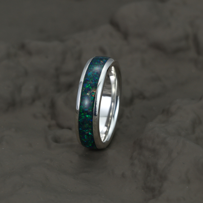 Black Gold Wedding Ring Green Opal Ring Unique Anniversary Ring Sterling Silver Wedding Band Comfort Fit