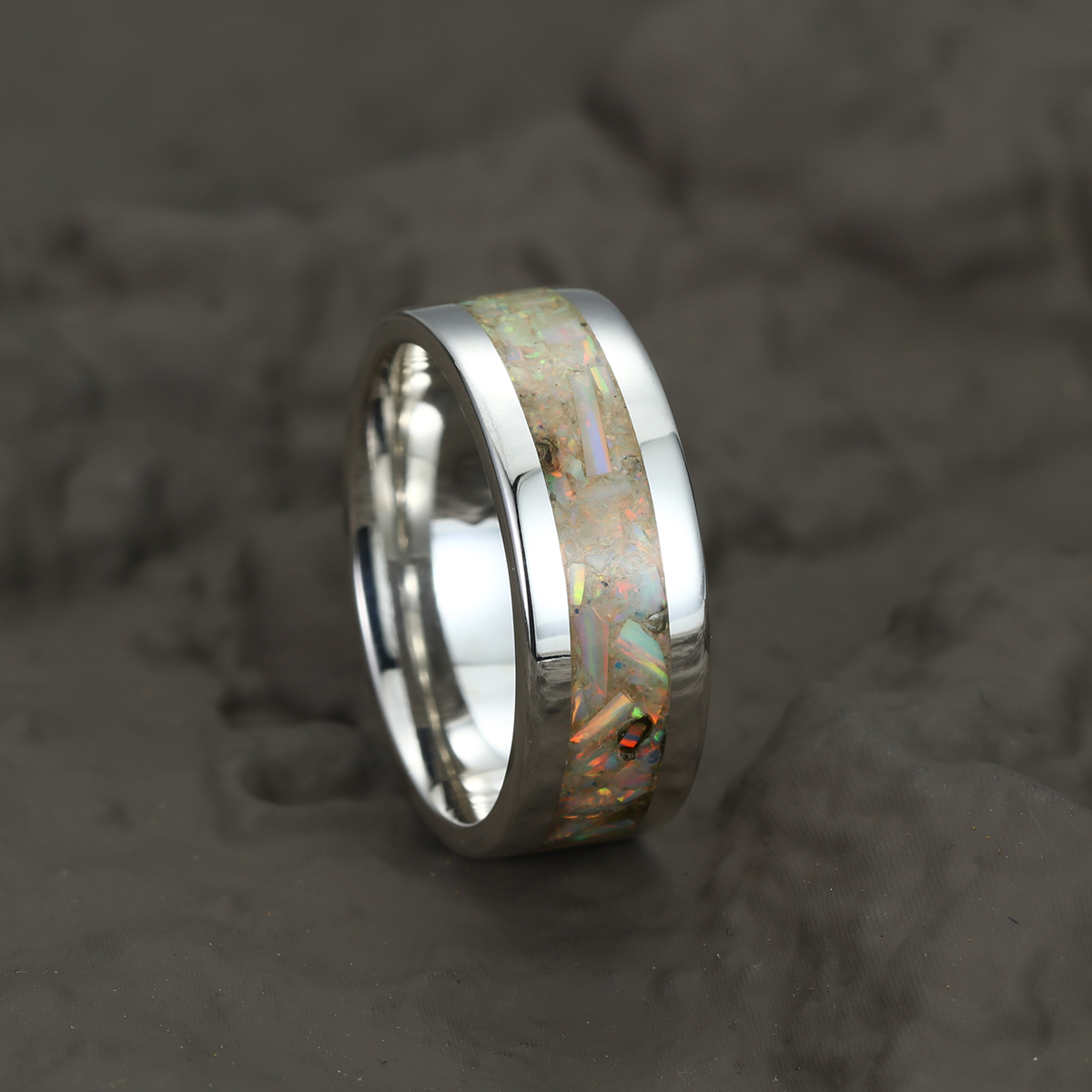 His and Hers Wedding Band, Crushed Opal Ring, 8mm & 6mm&4mm Silver Ring Set, Couples Ring, Polish, Dome, Comfort Fit