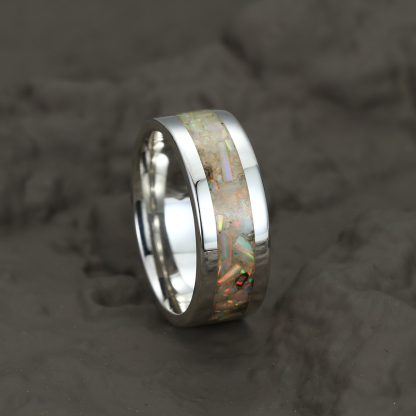 His and Hers Wedding Band, Crushed Opal Ring, 8mm & 6mm&4mm Silver Ring Set, Couples Ring, Polish, Dome, Comfort Fit