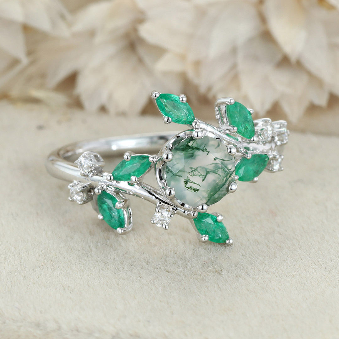 Round Moss agate Engagement Ring Vintage Unique 14K Solid White gold Moissanite engagement ring nature inspired Bridal set Anniversary gift