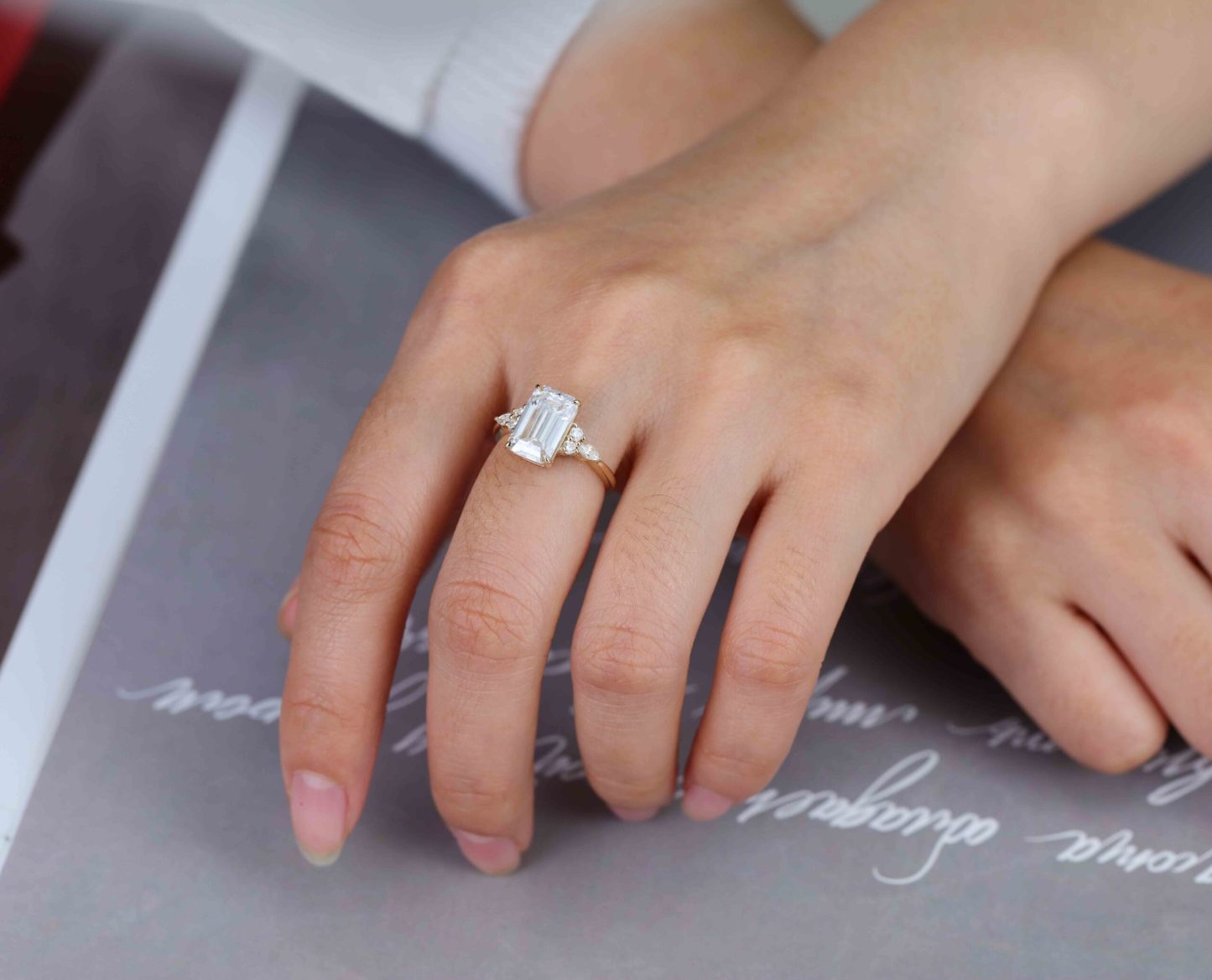 3.5CT Emerald Cut Moissanite Ring 14k Rose Gold Engagement Ring Holiday Gift
