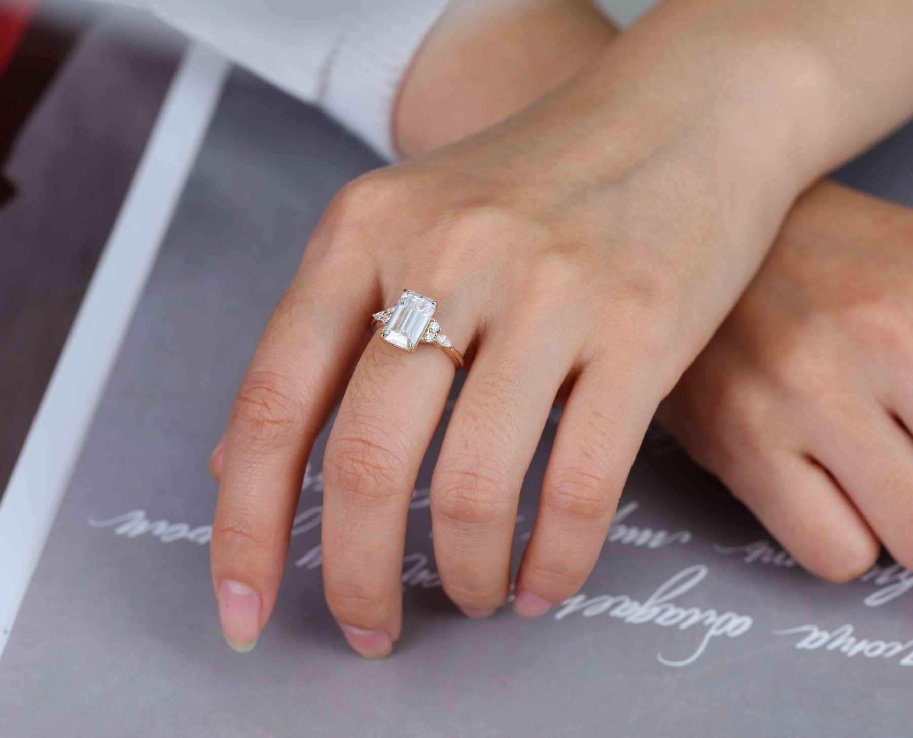 3.5CT Emerald Cut Moissanite Ring 14k Rose Gold Engagement Ring Holiday Gift