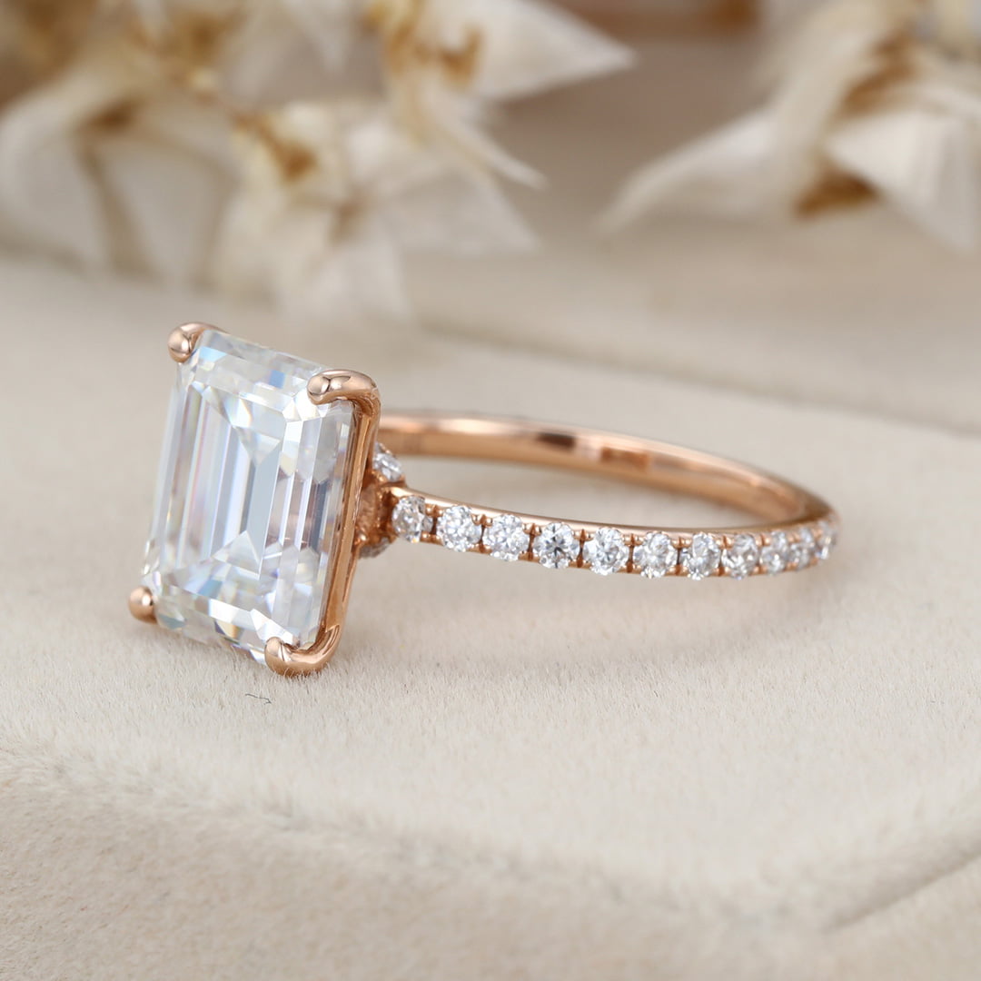 14K Rose Gold 4CT Emerald Cut Moissanite Ring for Women Engagement Bridal Promise Anniversary Gift