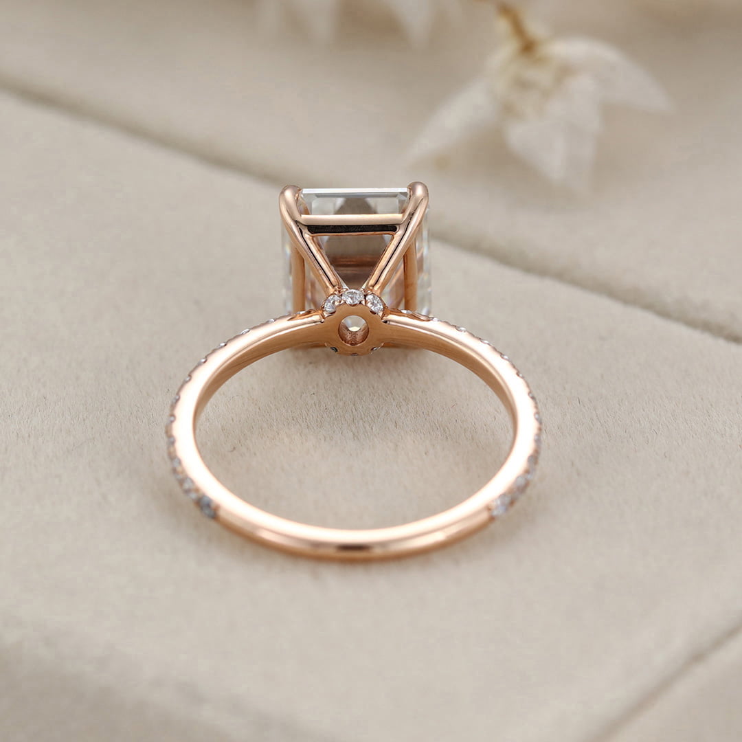 14K Rose Gold 4CT Emerald Cut Moissanite Ring for Women Engagement Bridal Promise Anniversary Gift