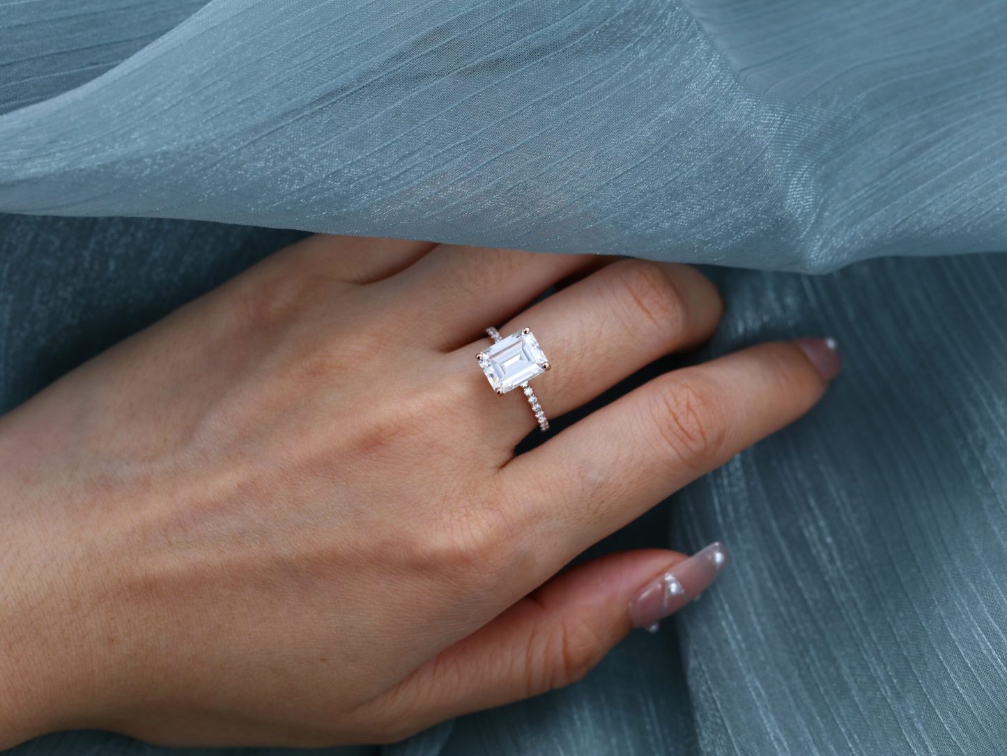 14K Rose Gold 4CT Emerald Cut Moissanite Ring for Women Engagement Bridal Promise Anniversary Gift