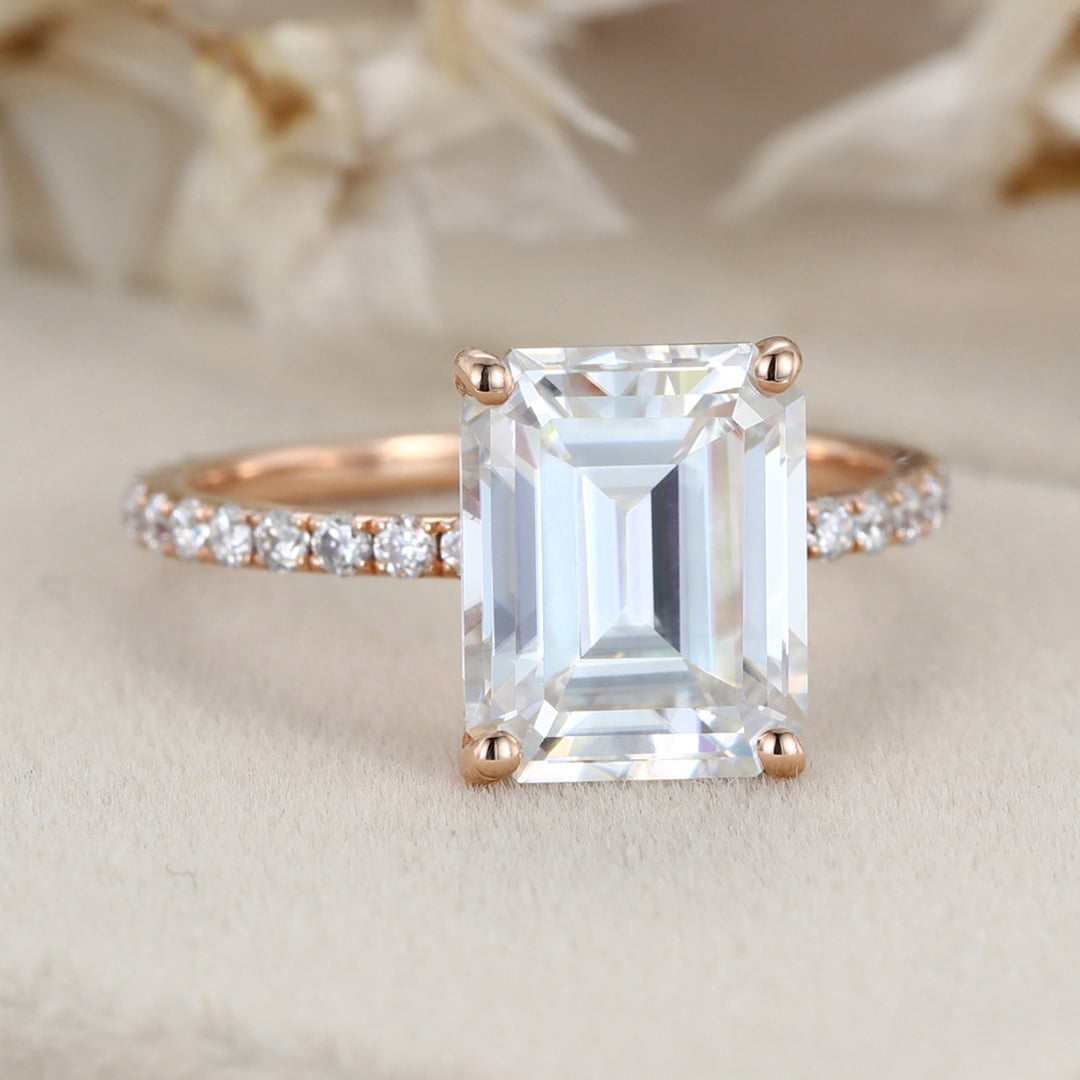 14K Rose Gold 4CT Emerald Cut Moissanite Ring for Women Engagement Bridal Promise Anniversary Gift