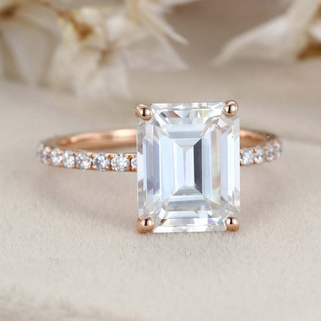 14K Rose Gold 4CT Emerald Cut Moissanite Ring for Women Engagement Bridal Promise Anniversary Gift