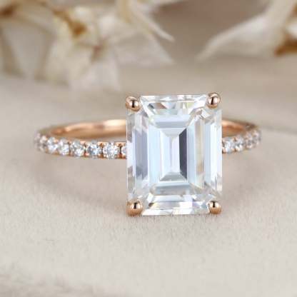 14K Rose Gold 4CT Emerald Cut Moissanite Ring for Women Engagement Bridal Promise Anniversary Gift