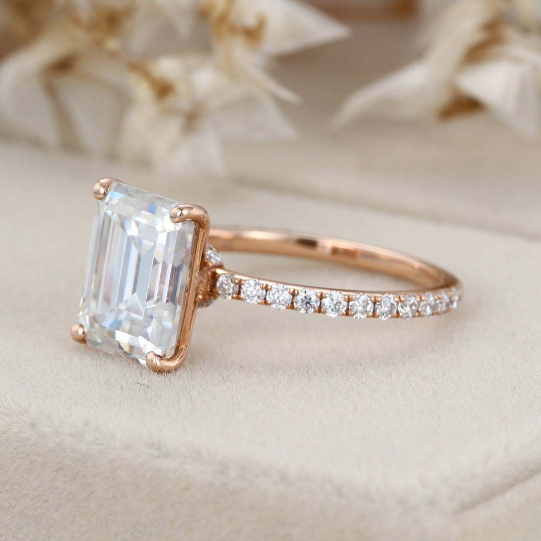 14K Rose Gold 4CT Emerald Cut Moissanite Ring for Women Engagement Bridal Promise Anniversary Gift