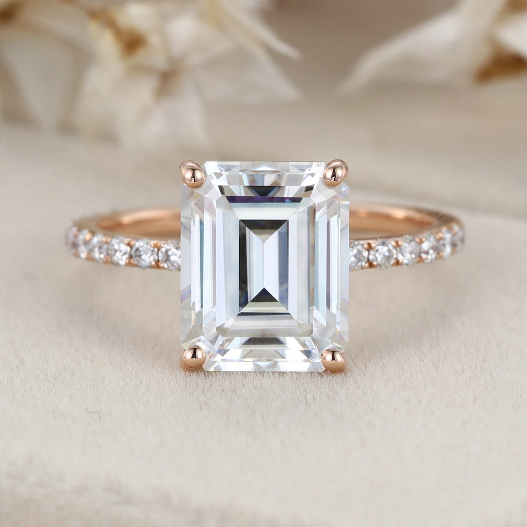 14K Rose Gold 4CT Emerald Cut Moissanite Ring for Women Engagement Bridal Promise Anniversary Gift