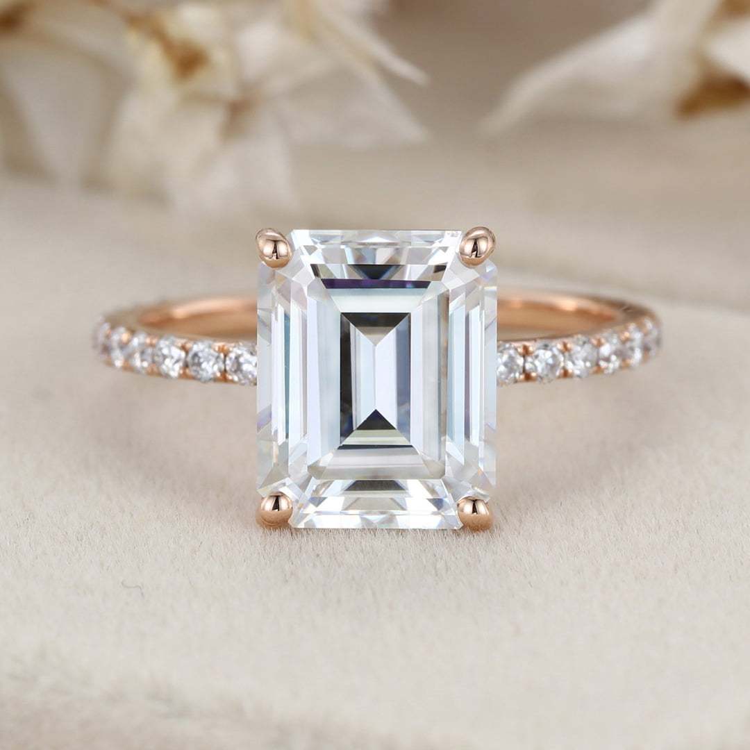 14K Rose Gold 4CT Emerald Cut Moissanite Ring for Women Engagement Bridal Promise Anniversary Gift