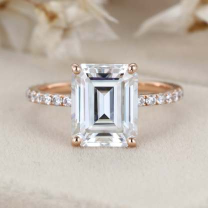 14K Rose Gold 4CT Emerald Cut Moissanite Ring for Women Engagement Bridal Promise Anniversary Gift