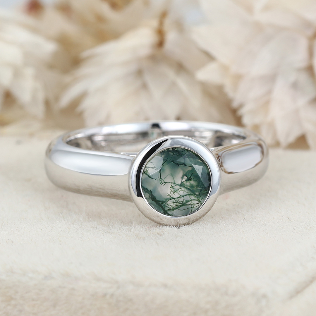 Bezel set Moissanite engagement Ring 14/18K White gold wedding& engagement ring Unique art deco ring Bridal promise Anniversary gift for her
