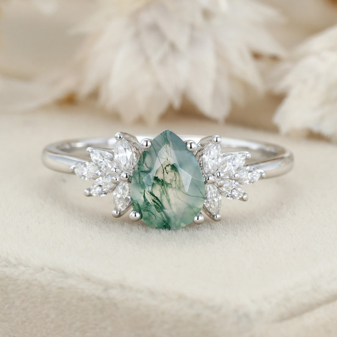 Natural Green Moss Agate Pear cut Cluster Engagement rings