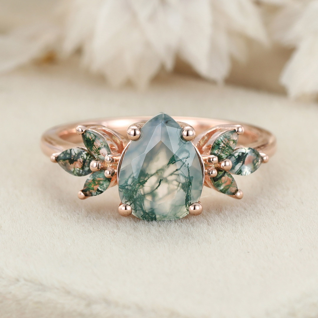 Natural Green Moss Agate pear cut cluster Engagement Ring
