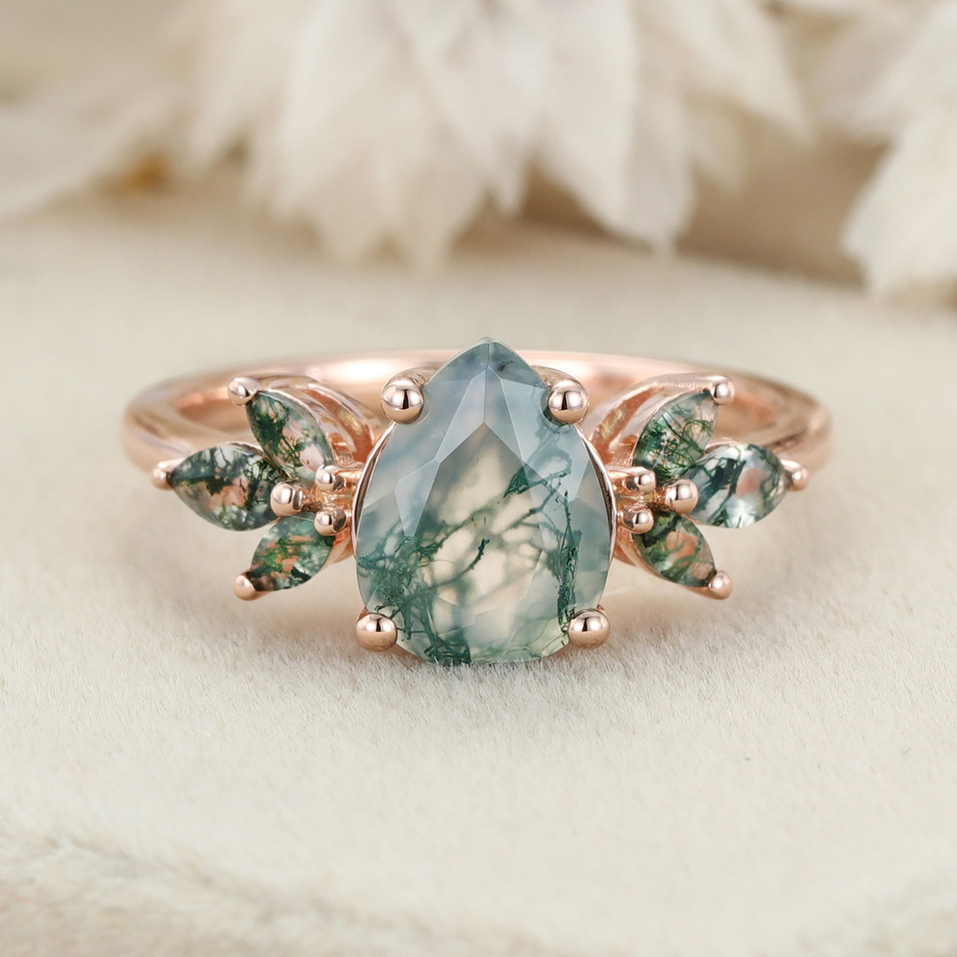 Natural Green Moss Agate pear cut cluster Engagement Ring