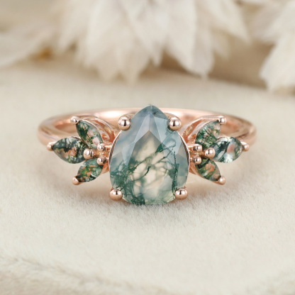 Natural Green Moss Agate pear cut cluster Engagement Ring