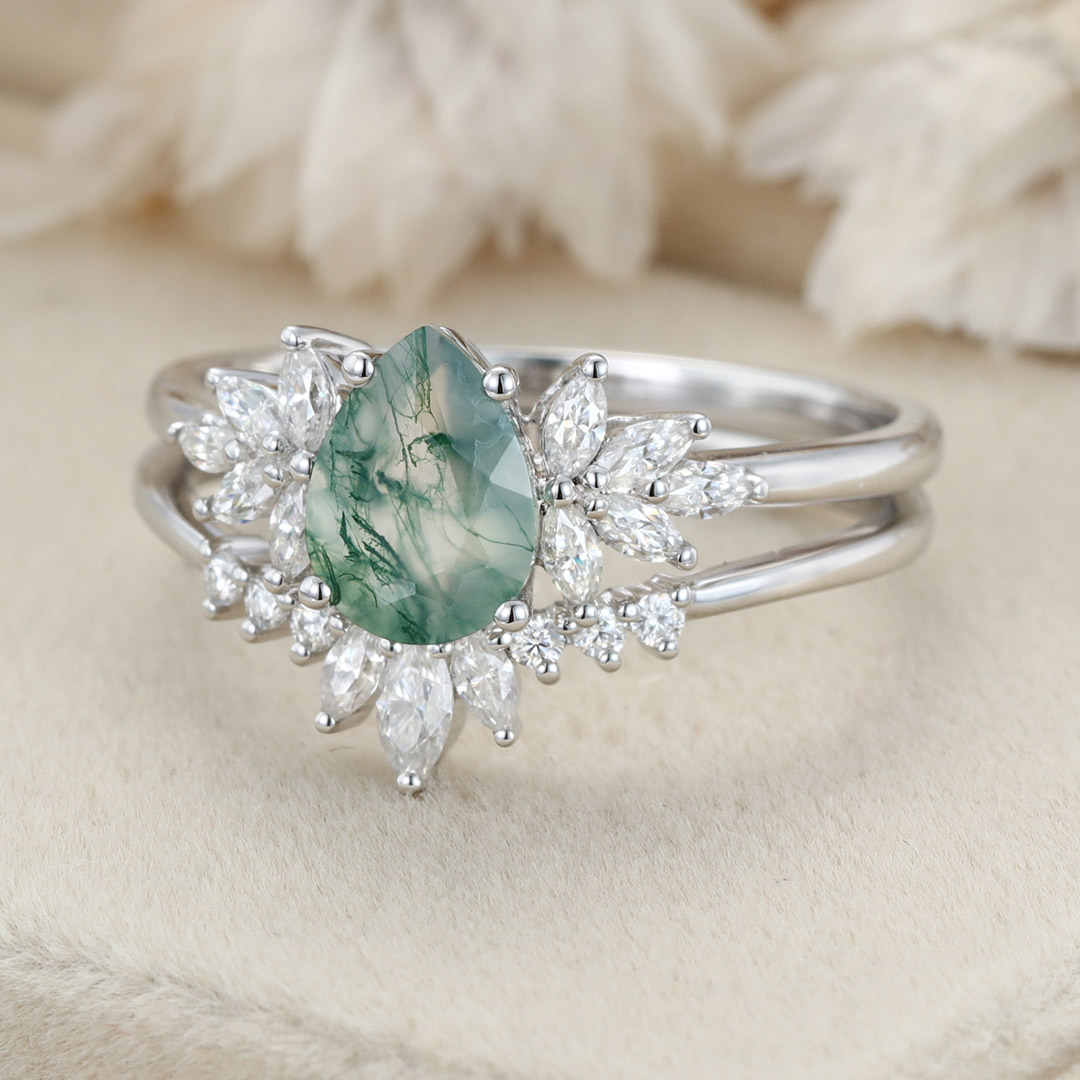 Natural Green Moss Agate 2PCS Pear Cluster Engagement ring Bridal Set