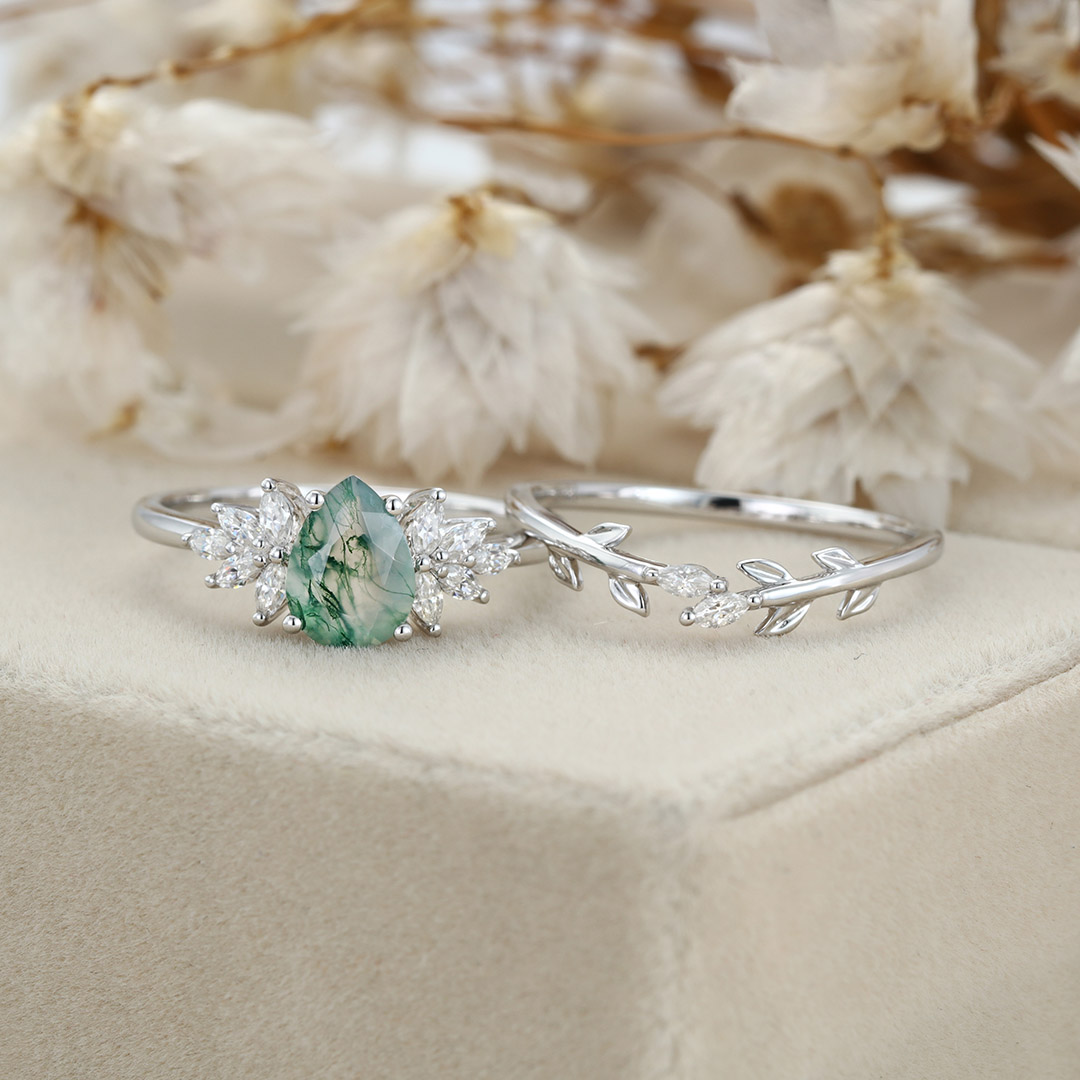 Natural Moss Agate Pear cut Engagement ring Bridal Sets