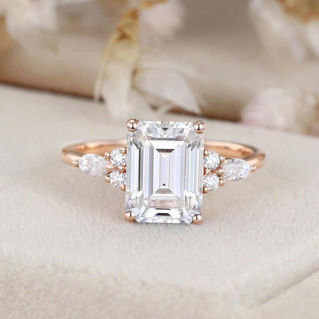 Carat Emerald Cut Moissanite Cluster Engagement Ring In 14K Rose