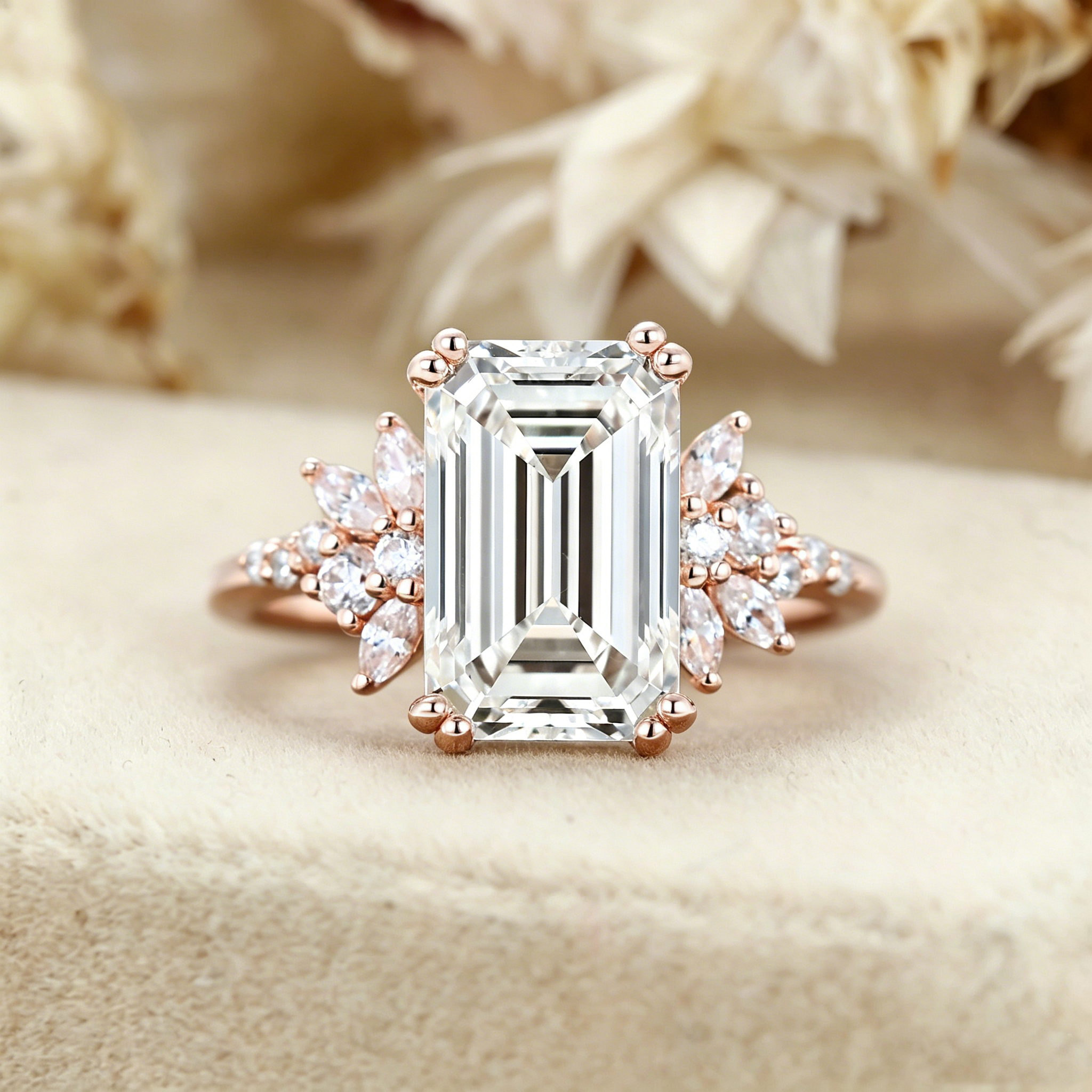 3 Carats Emerald Cut Lab Diamonds Engagement Ring Vintage Cluster Diamond Ring