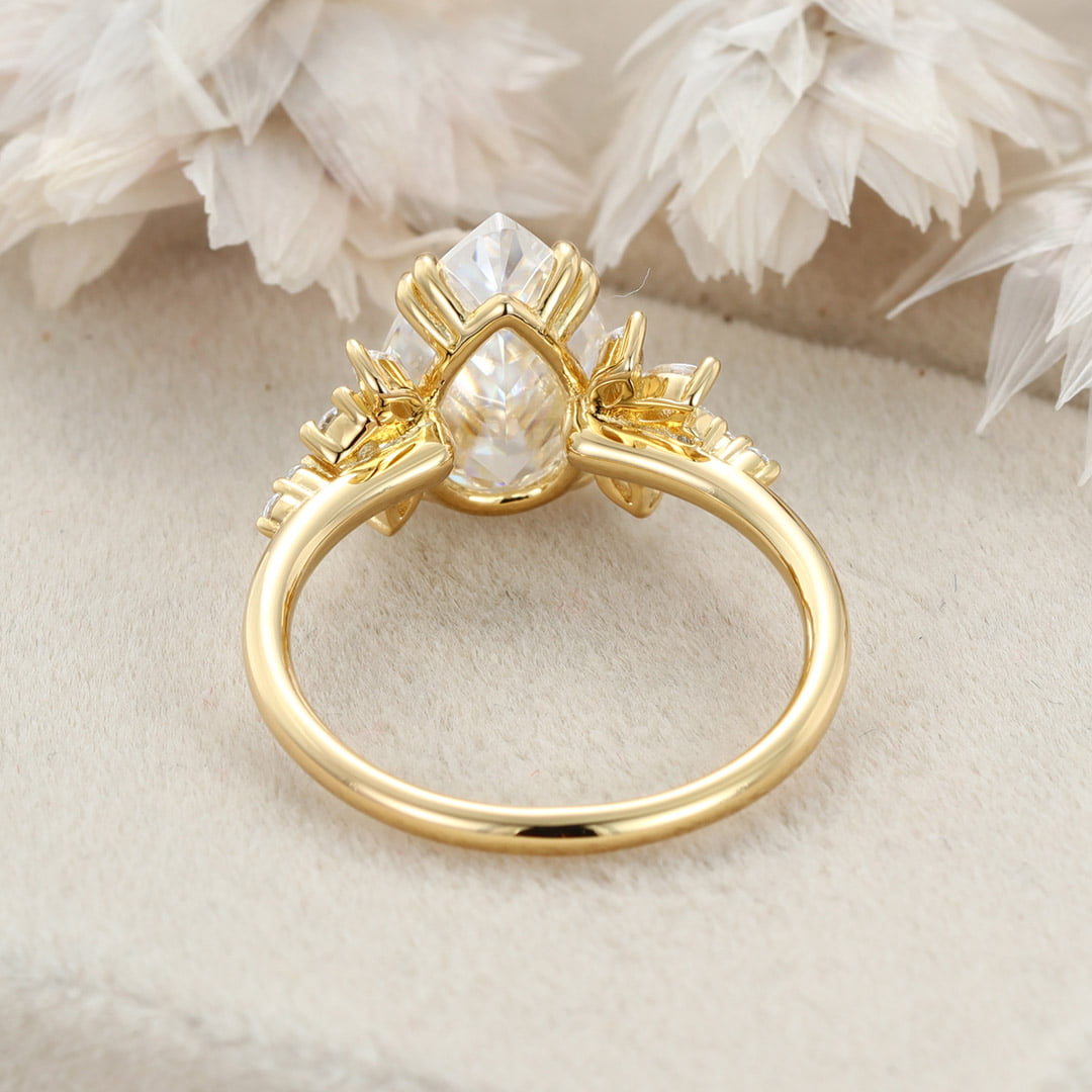 3 Carats Pear Shaped Moissanite Engagement Ring Unique Cluster Diamond Wedding Band 14K Solid Gold