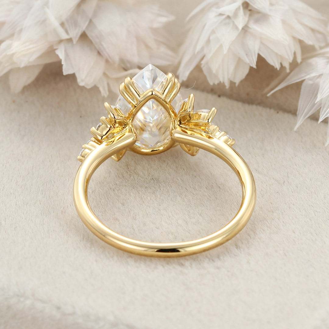 3 Carats Pear Shaped Moissanite Engagement Ring Unique Cluster Diamond Wedding Band 14K Solid Gold