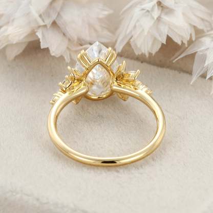 3 Carats Pear Shaped Moissanite Engagement Ring Unique Cluster Diamond Wedding Band 14K Solid Gold