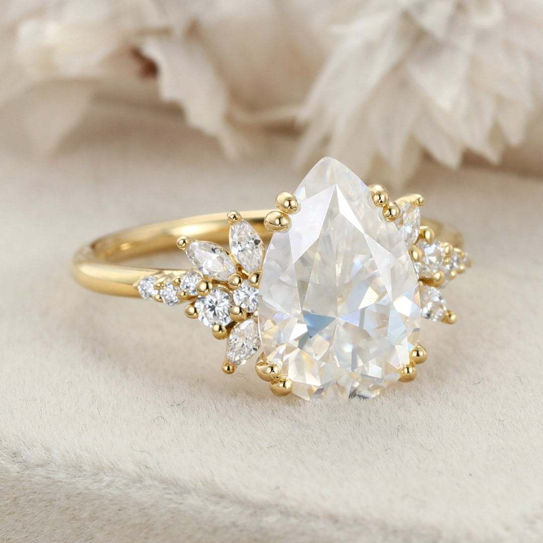 3 Carats Pear Shaped Moissanite Engagement Ring Unique Cluster Diamond Wedding Band 14K Solid Gold