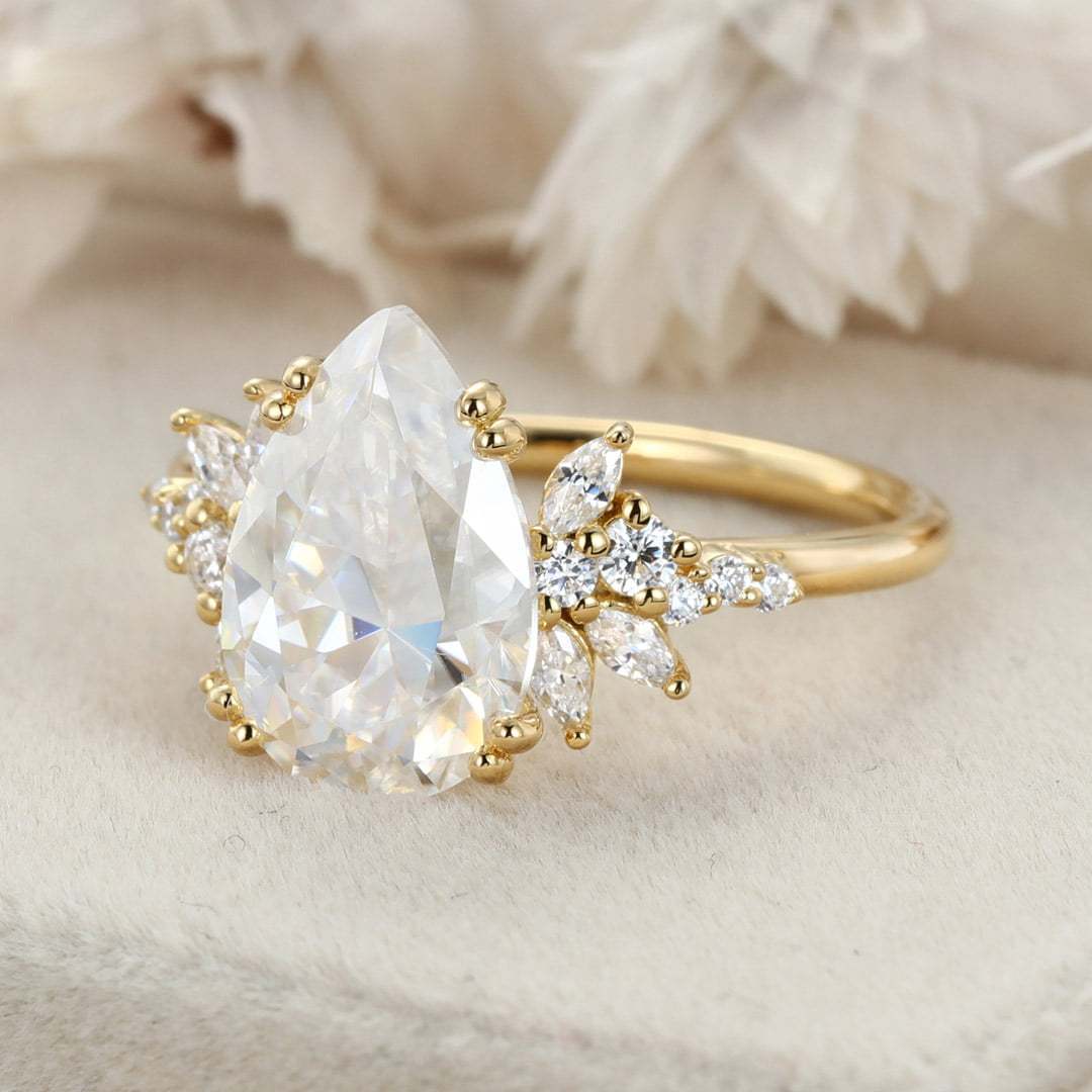 3 Carats Pear Shaped Moissanite Engagement Ring Unique Cluster Diamond Wedding Band 14K Solid Gold