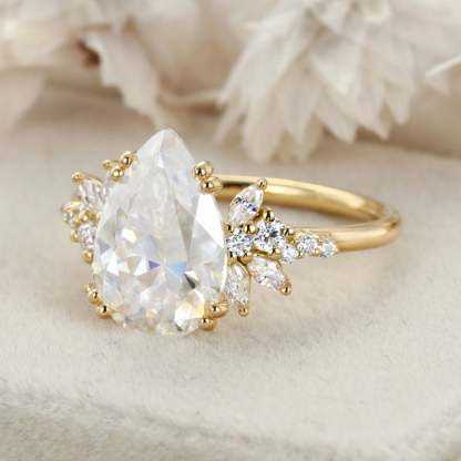 3 Carats Pear Shaped Moissanite Engagement Ring Unique Cluster Diamond Wedding Band 14K Solid Gold