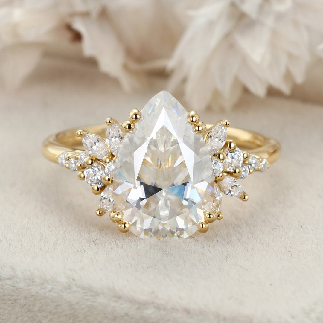 3 Carats Pear Shaped Moissanite Engagement Ring Unique Cluster Diamond Wedding Band 14K Solid Gold
