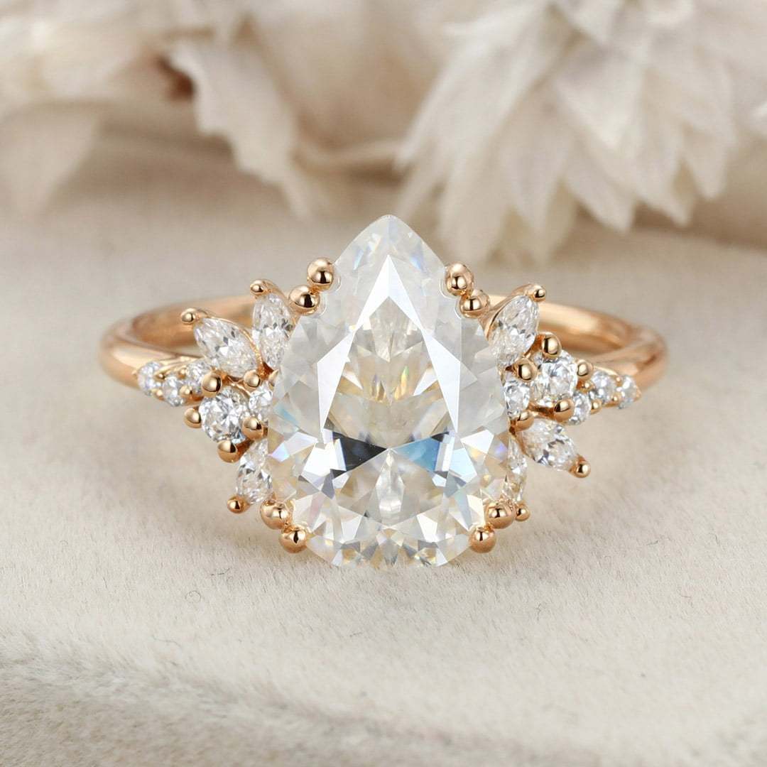 3 Carats Pear Shaped Moissanite Engagement Ring Unique Cluster Diamond Wedding Band 14K Solid Gold