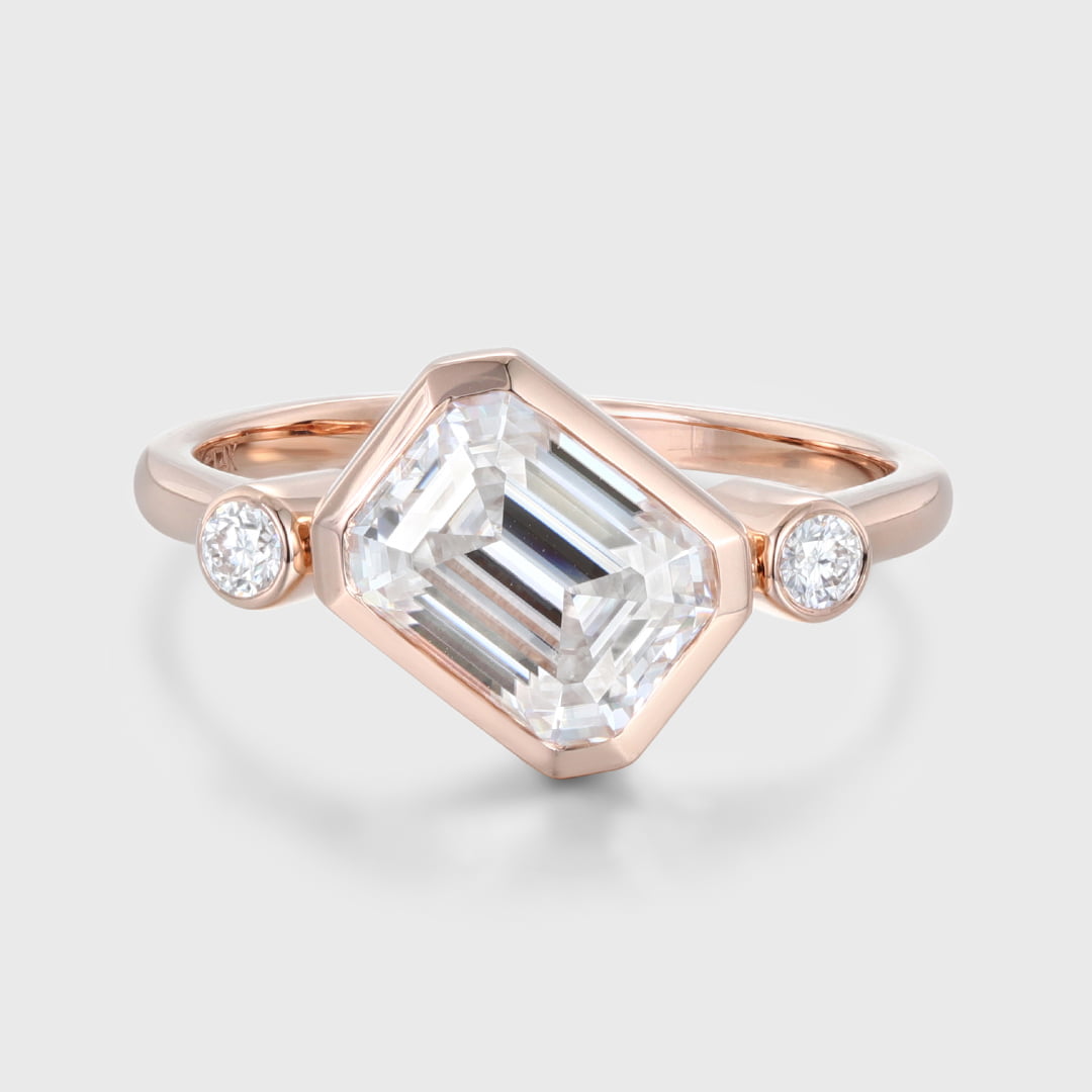 3 Stone Bezel Moissanite Engagement Ring 14K Rose Gold Emerald Cut Art Deco Wedding Ring