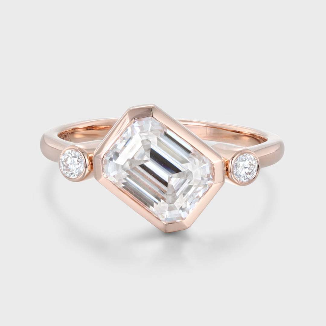3 Stone Bezel Moissanite Engagement Ring 14K Rose Gold Emerald Cut Art Deco Wedding Ring
