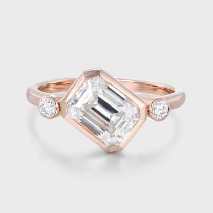 3 Stone Bezel Moissanite Engagement Ring 14K Rose Gold Emerald Cut Art Deco Wedding Ring