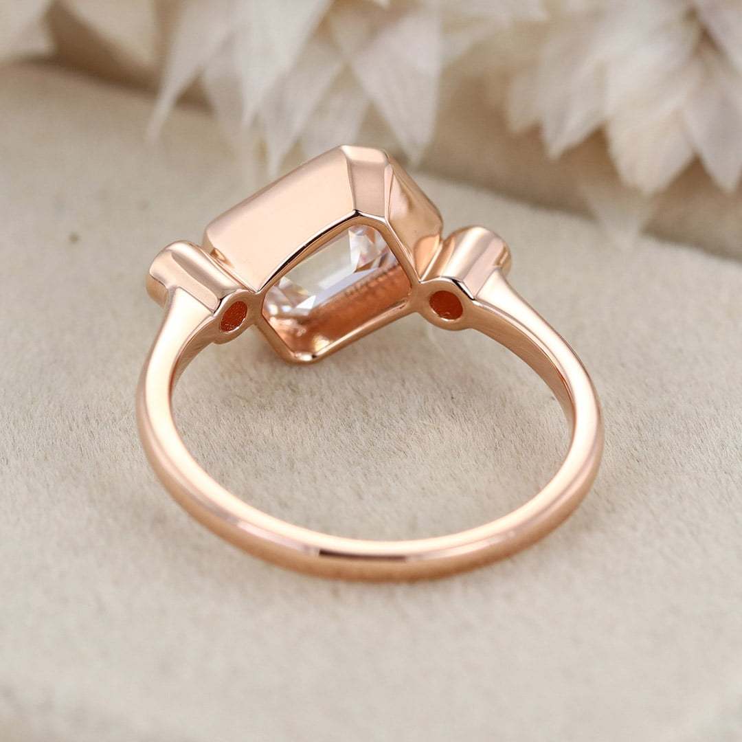 3 Stone Bezel Moissanite Engagement Ring 14K Rose Gold Emerald Cut Art Deco Wedding Ring