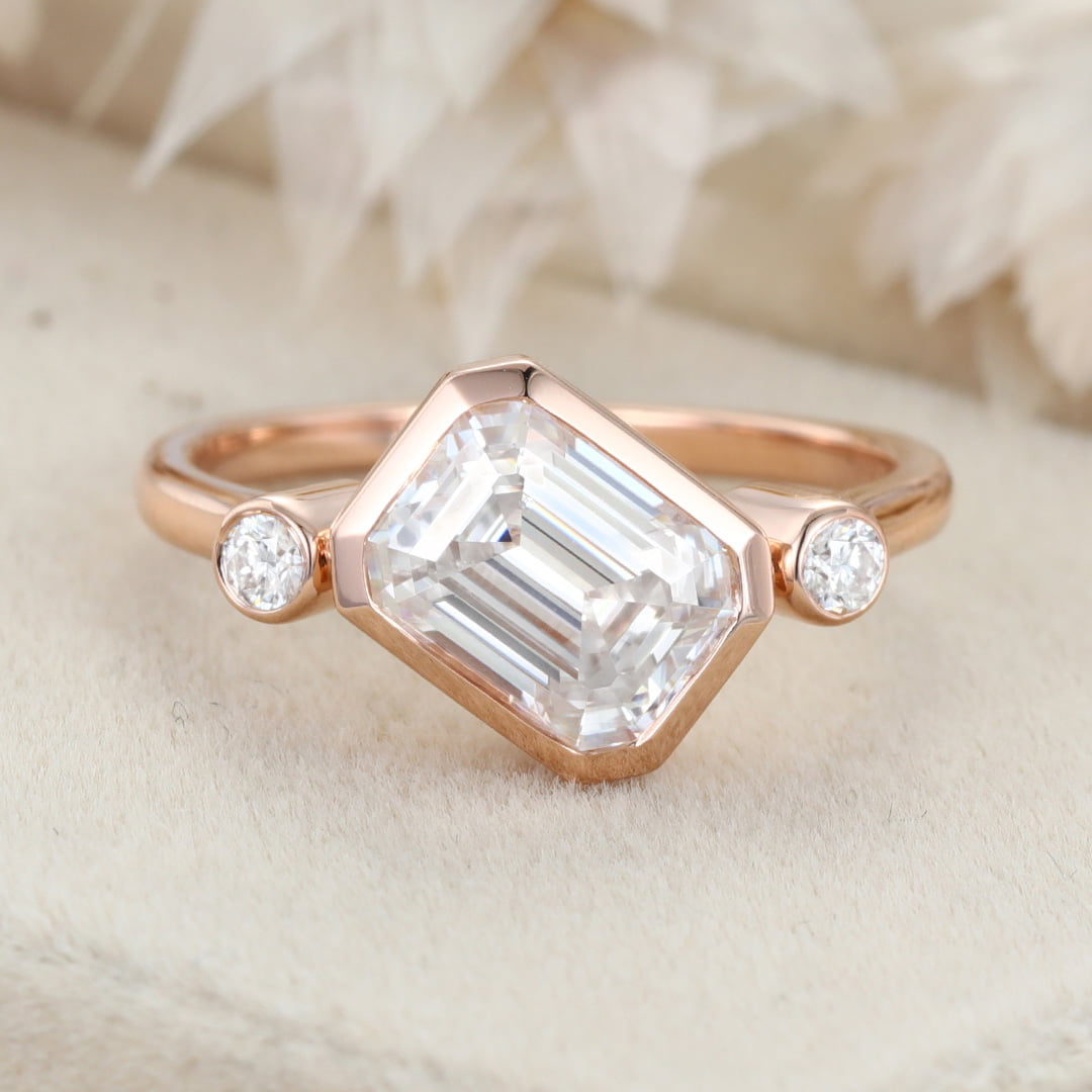 3 Stone Bezel Moissanite Engagement Ring 14K Rose Gold Emerald Cut Art Deco Wedding Ring