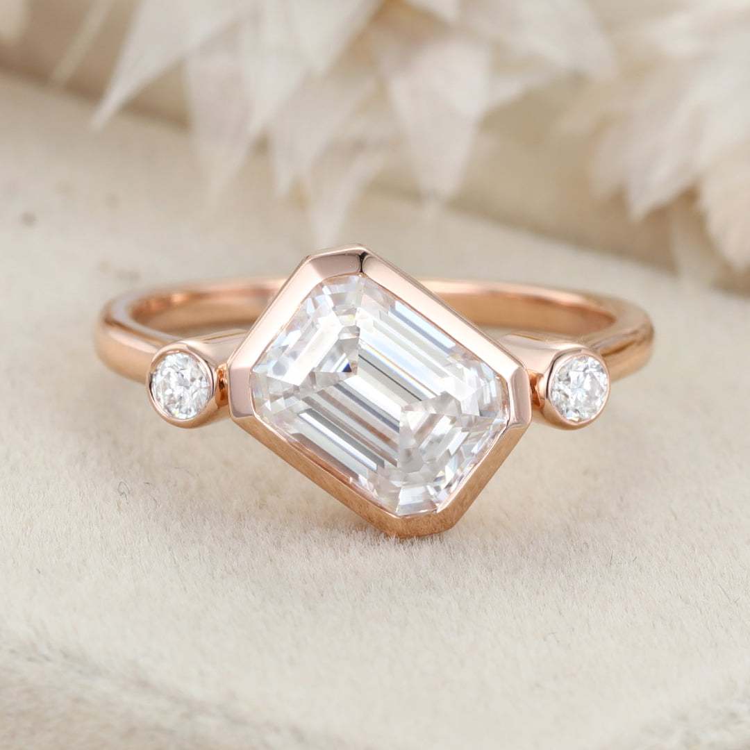 3 Stone Bezel Moissanite Engagement Ring 14K Rose Gold Emerald Cut Art Deco Wedding Ring