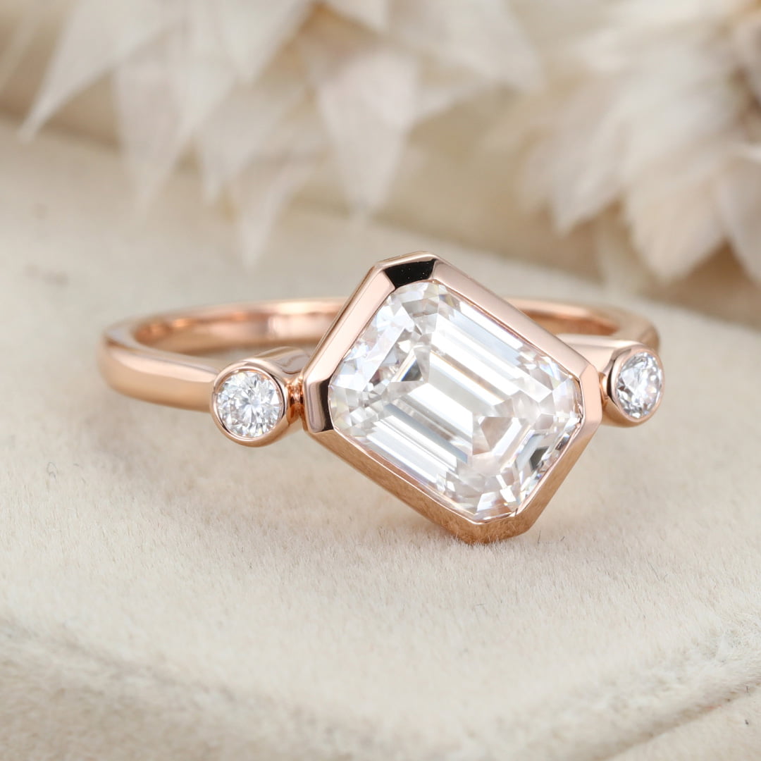 3 Stone Bezel Moissanite Engagement Ring 14K Rose Gold Emerald Cut Art Deco Wedding Ring