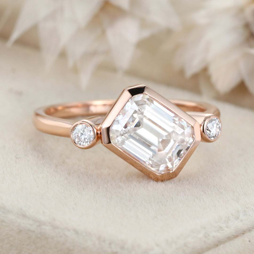 3 Stone Bezel Moissanite Engagement Ring 14K Rose Gold Emerald Cut Art Deco Wedding Ring