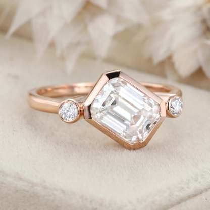 3 Stone Bezel Moissanite Engagement Ring 14K Rose Gold Emerald Cut Art Deco Wedding Ring