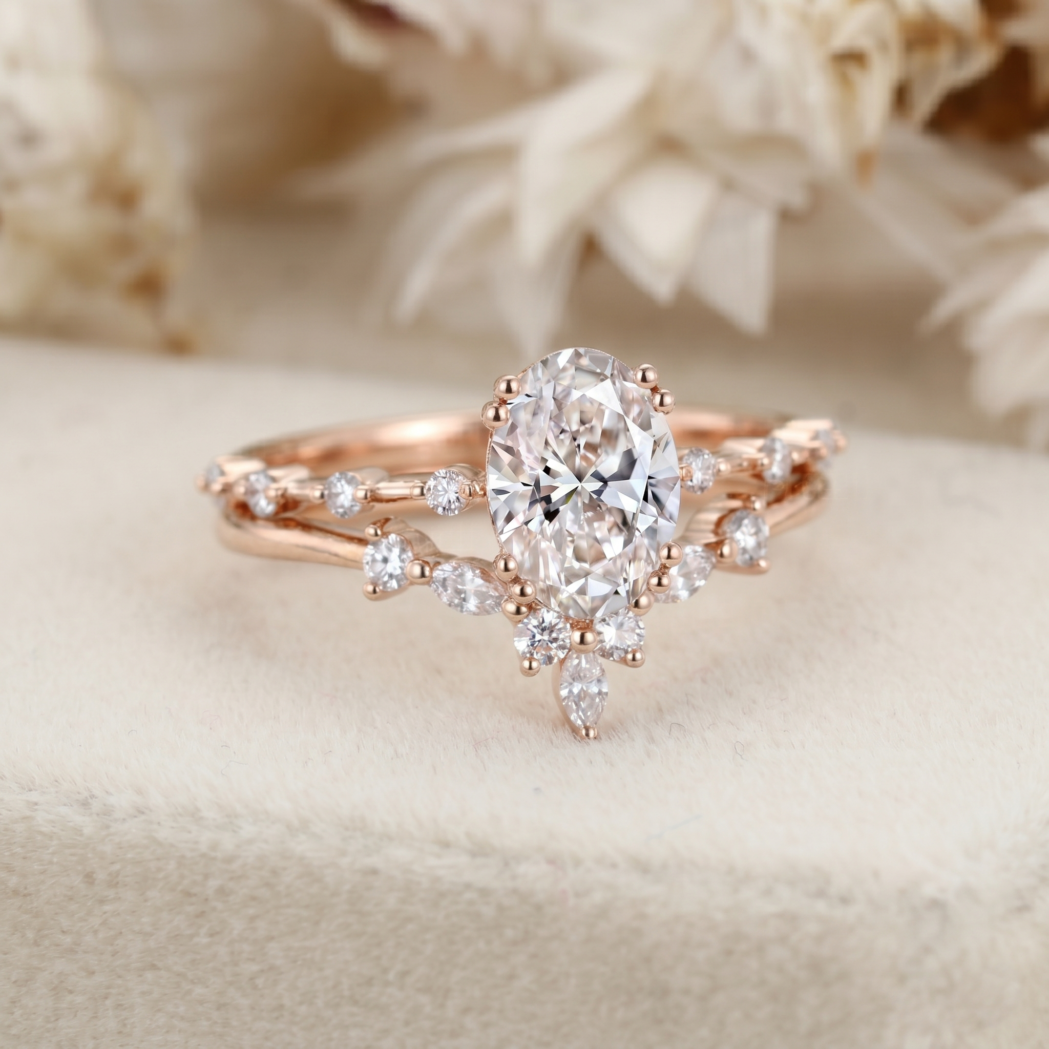 Vintage 1.5 Carat Oval Lab Grown Diamonds Bridal Ring Set in 14K Rose Gold – Engagement and Wedding Set