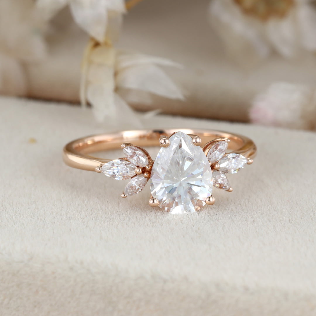 1.5 Carat Pear Cut Moissanite Ring In 14k Rose Gold Side Stone Vintage Ring