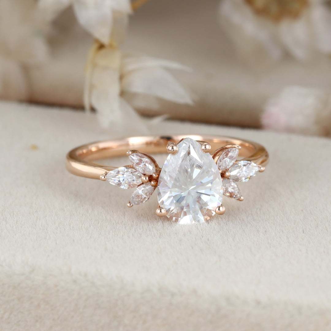 1.5 Carat Pear Cut Moissanite Ring In 14k Rose Gold Side Stone Vintage Ring