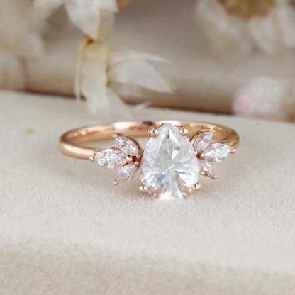 1.5 Carat Pear Cut Moissanite Ring In 14k Rose Gold Side Stone Vintage Ring