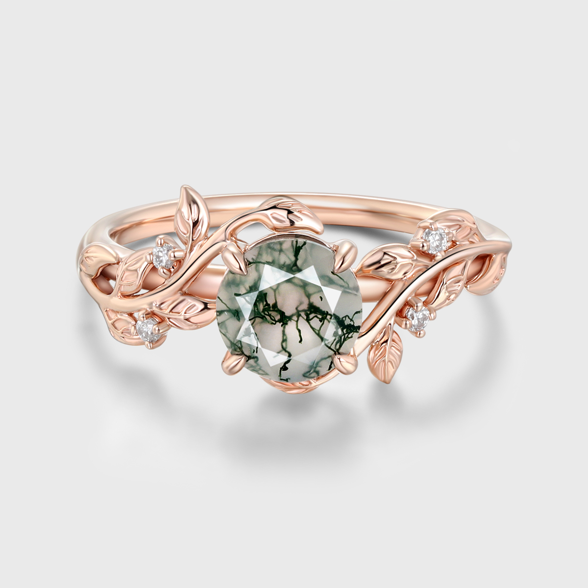 Leaf Nature-Inspired Round Cut Green Moss Agate Engagement Ring in 14K Rose Gold – Unique Bridal Promise Ring